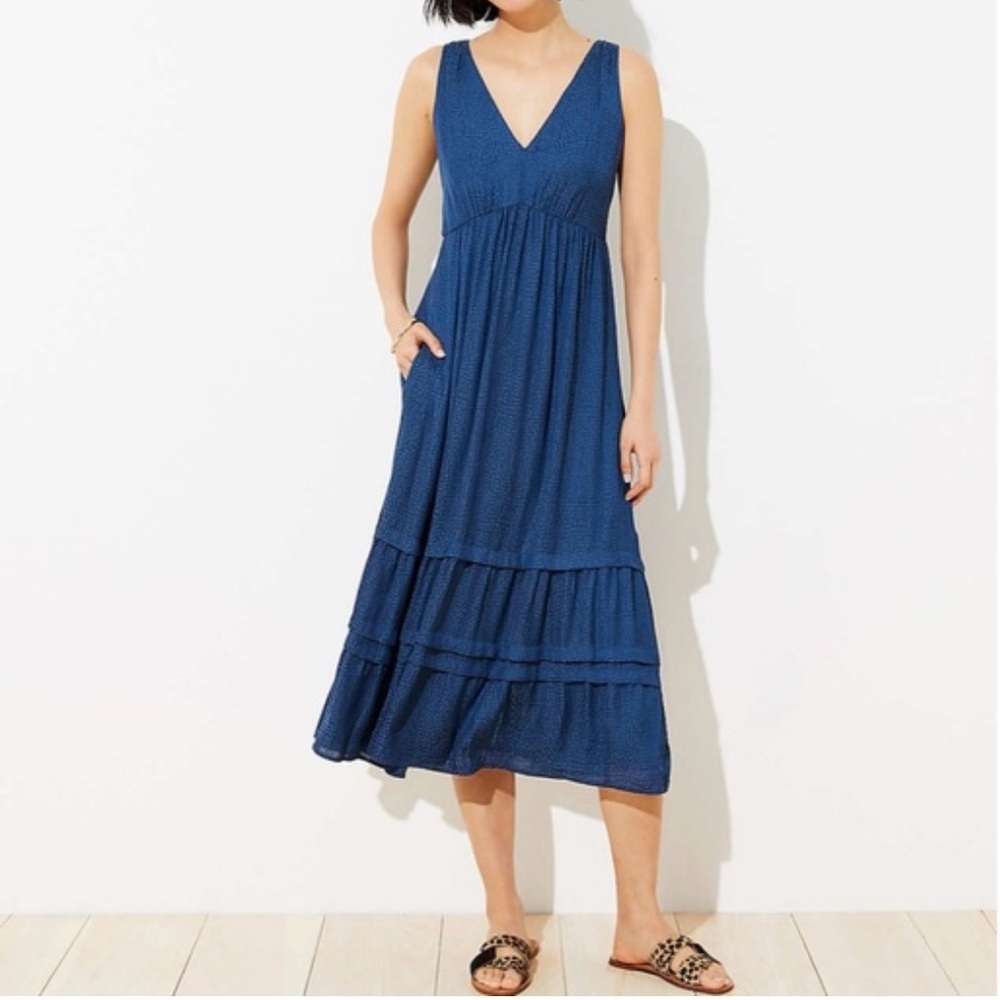 LOFT Navy Spotted Print Tiered Midi Dress with Pockets Size 2P